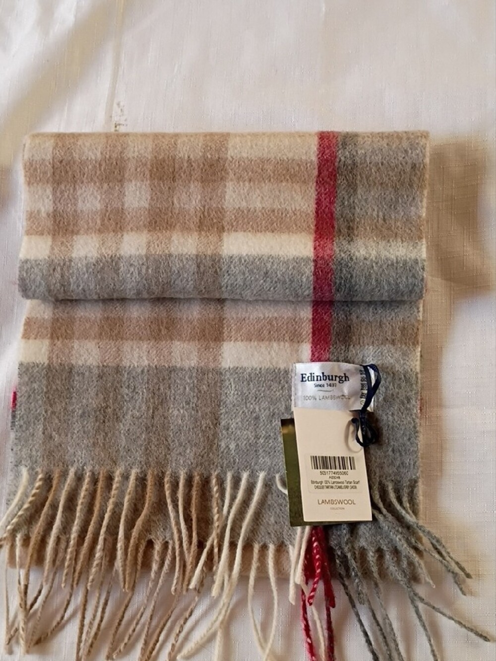 Edinburgh Lambswool Plaid Fringe Scarf in Beige, Gray & Red Stripe 62 X 10 In" - Picture 4 of 7